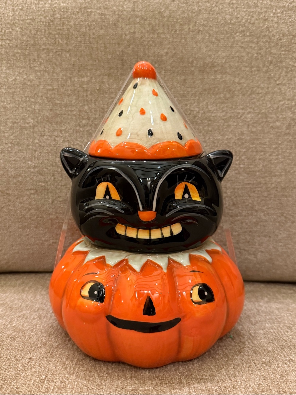 Johanna Parker Smiling Cat Pumpkin Party Hat Canister Vintage Halloween New